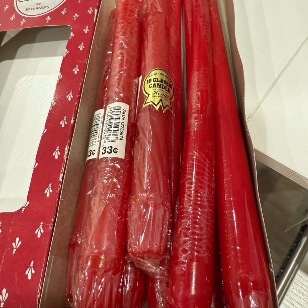 Tapered Red candles In Wrap 5 12 inch candles 3 10 candles Hi Lite and Wang